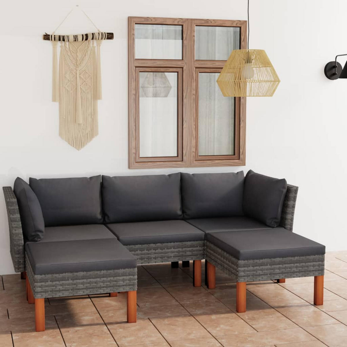 GARTEN-LOUNGE-SET 5-teilig Mit Kissen Poly Rattan Grau - Anthrazit/Grau, Kunststoff/Textil - vidaXL