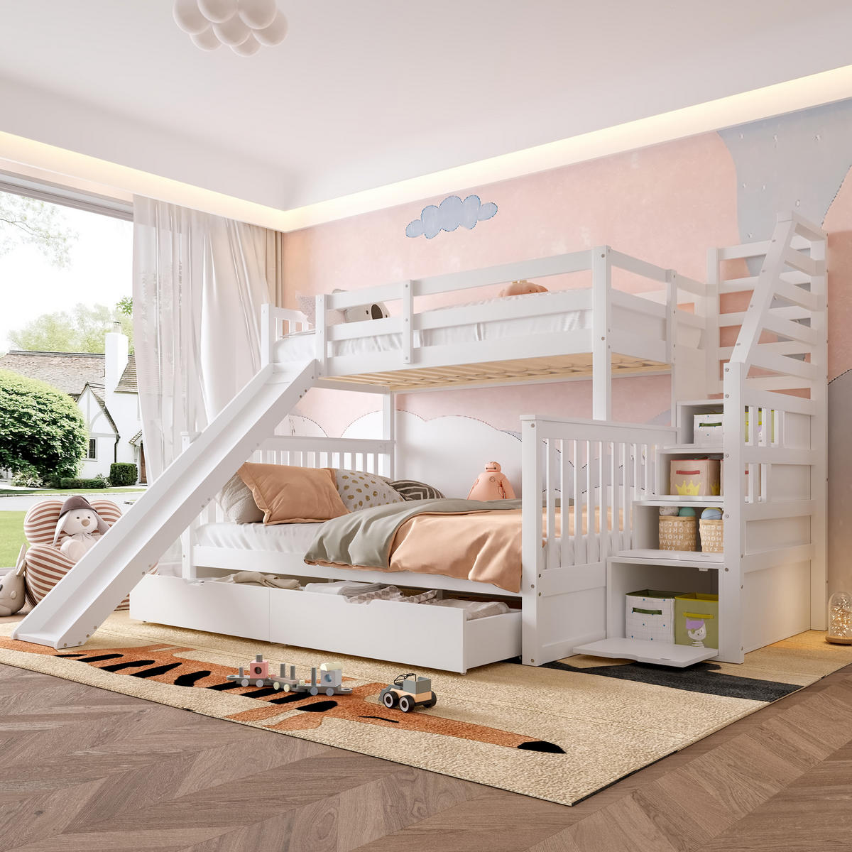 ETAGENBETT 90x200cm + 140x200cm Weiß mit Schubladen Stauraum Rutsche - Weiß, Holz (140/200cm) - FLIEKS