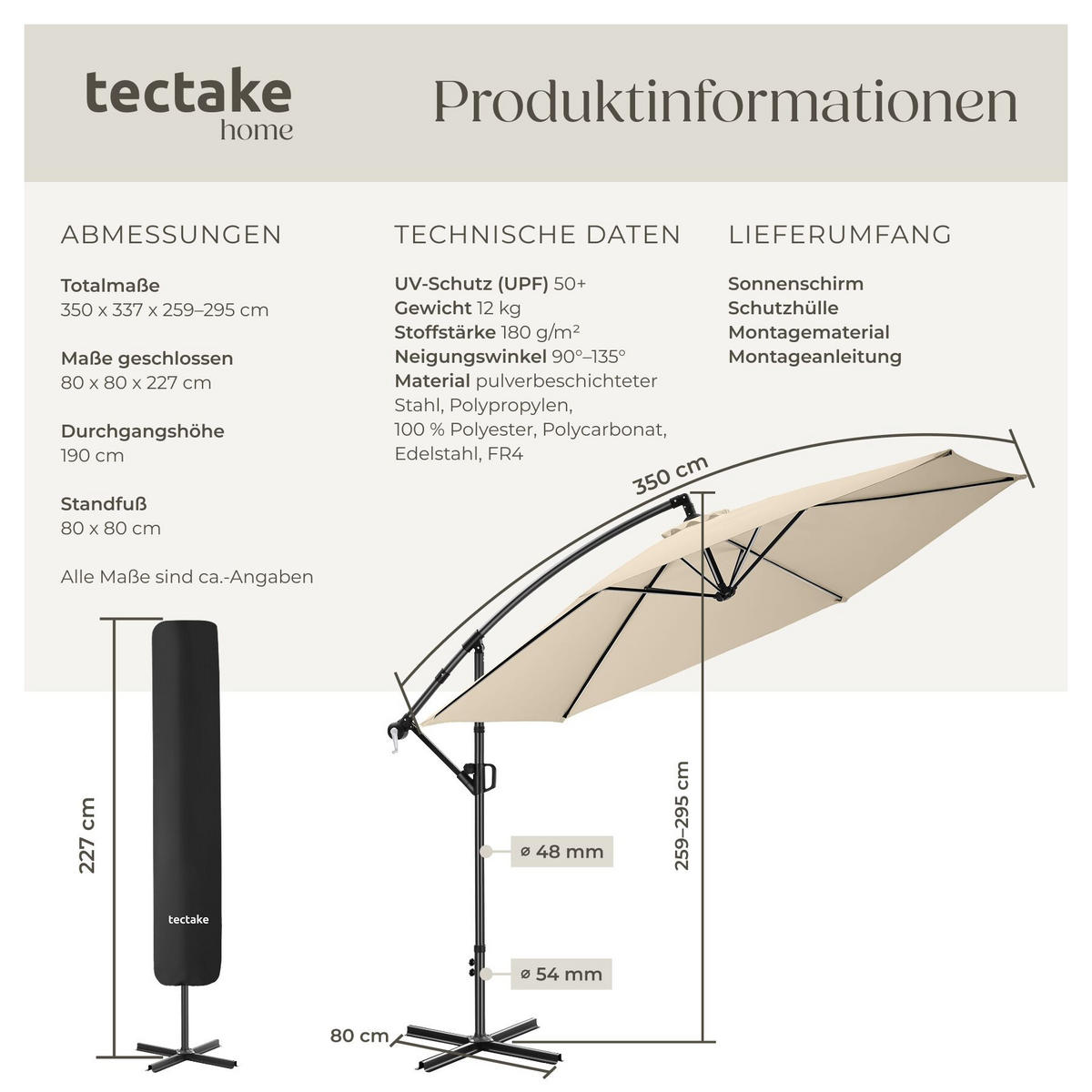 AMPELSCHIRM Artemis, inkl. Schutzhülle, beige - Beige, Metall (350/337cm) - tectake