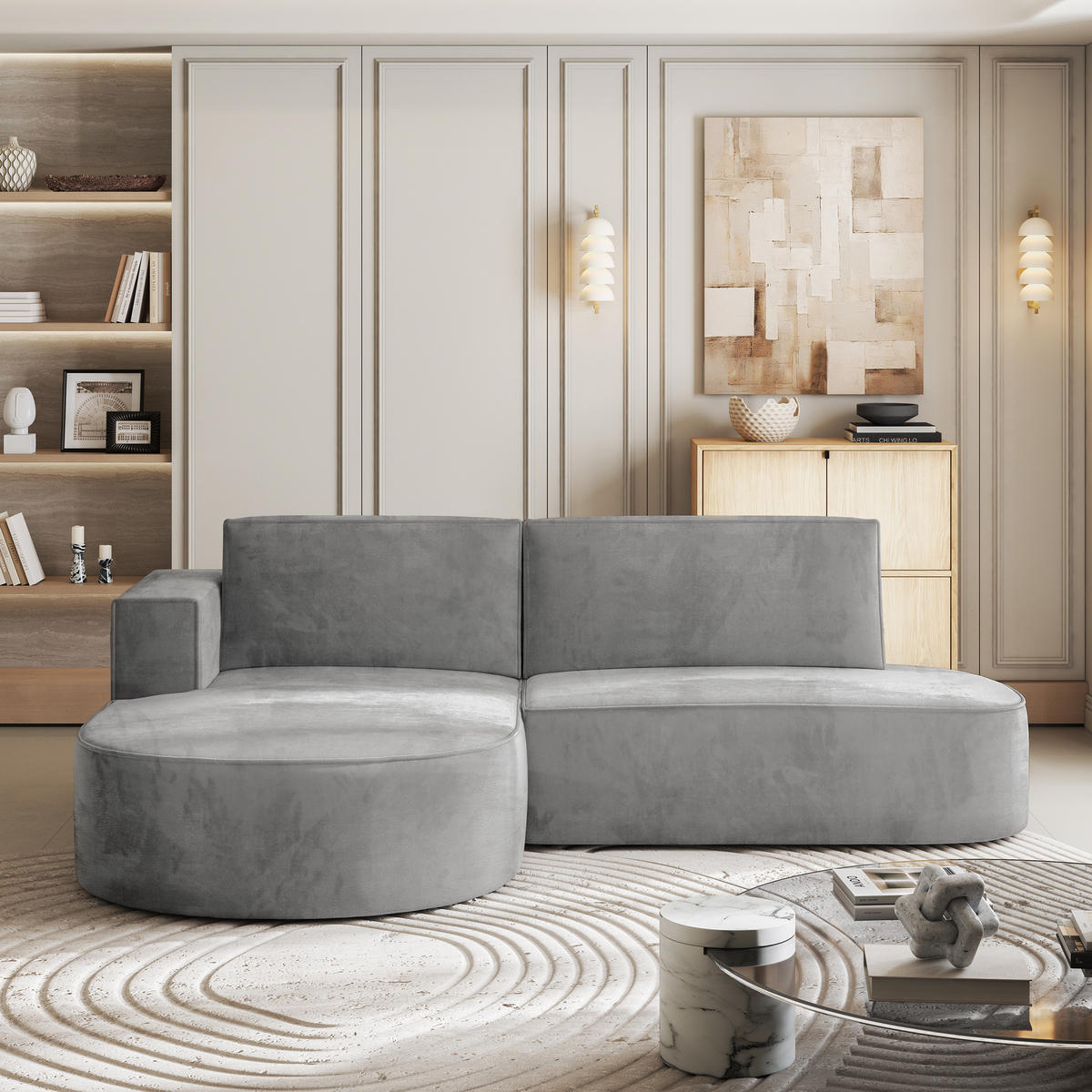 ECKSOFA CORTIO M L-S Grau Velours-Stoff mit Schlaffunktion - Grau, Holz/Kunststoff (265/174cm) - MASSENO