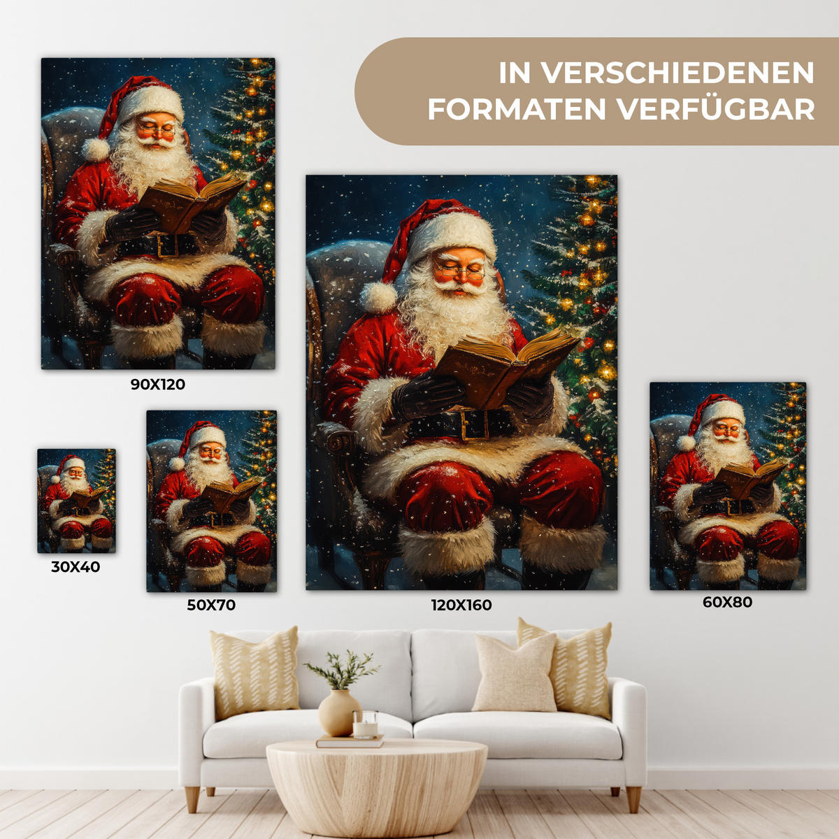 LEINWANDBILD Weihnachtsmann - Weihnachten - Winter - Weihnachtsbaum 30x40 cm - Bordeaux, Textil (30/40cm) - MuchoWow