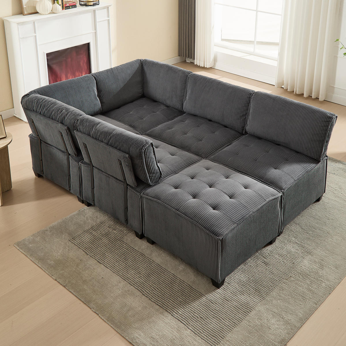 WOHNLANDSCHAFT 308/154/82 cm Grau mit Stauraumtaschen und Fußbank - Grau, Textil (308/82/154cm) - Oxeza