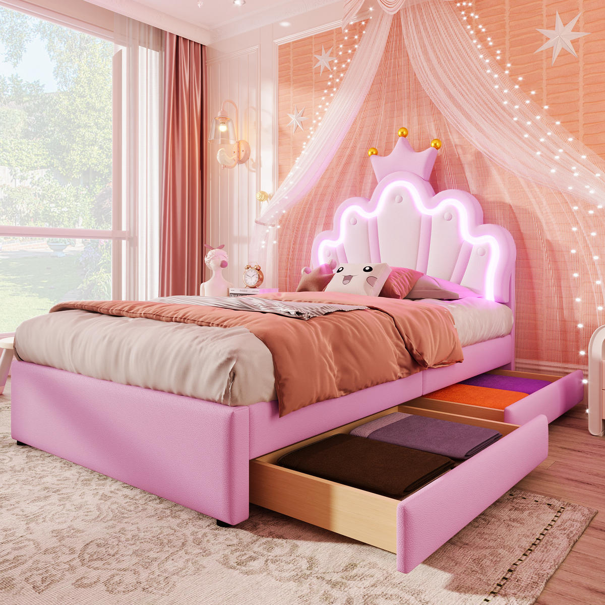 DJEČJI KREVET 90 x 200 cm s 2 ladice, krevet za princezu u obliku krune, roza - pink, koža (90/200cm) - KOMHTOM