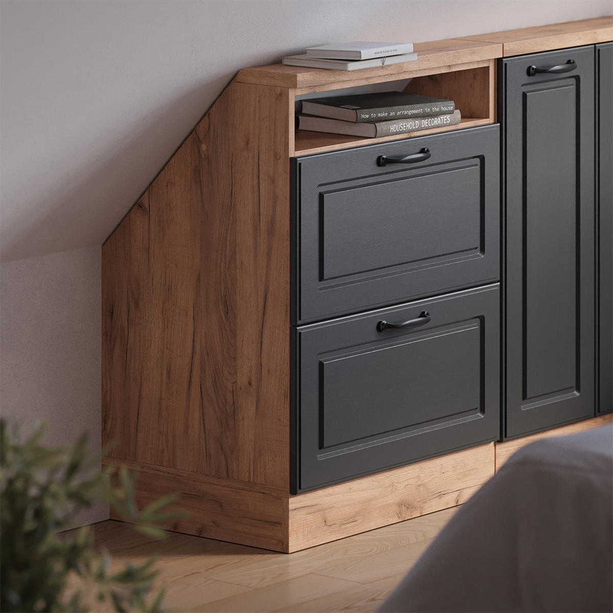 DACHSCHRÄGENSCHRANK Rion Anthrazit Landhaus/Goldkraft Eiche mit 2 Schubladen - Honigeiche/Anthrazit, Holzwerkstoff (60/81.6/46cm) - Vicco