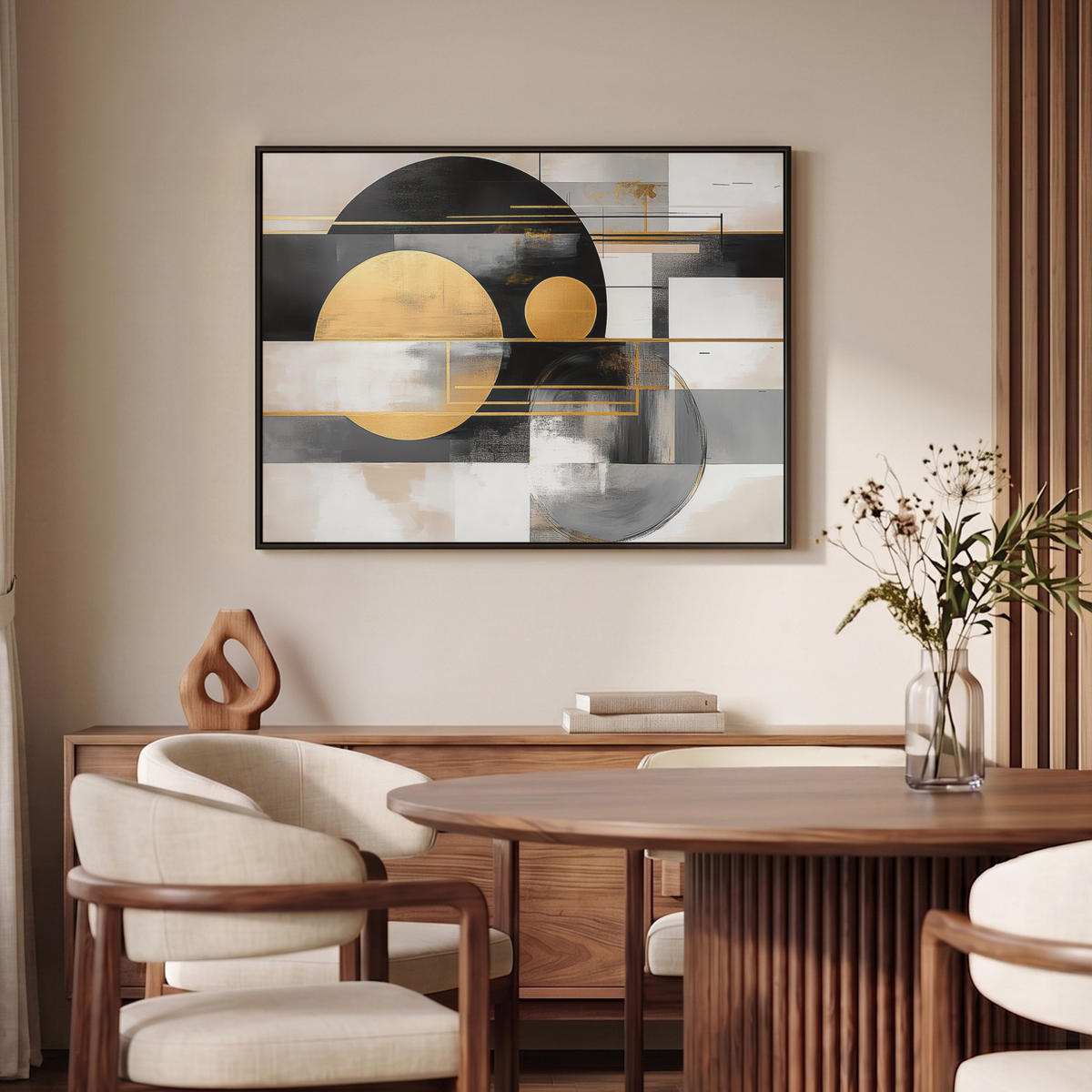 LEINWAND Bilder mit Rahmen - Abstrakt - Gold - Silber - Formen - Ästhetisch - Modern - 100x70 - Goldfarben, Textil (100/70cm) - MuchoWow