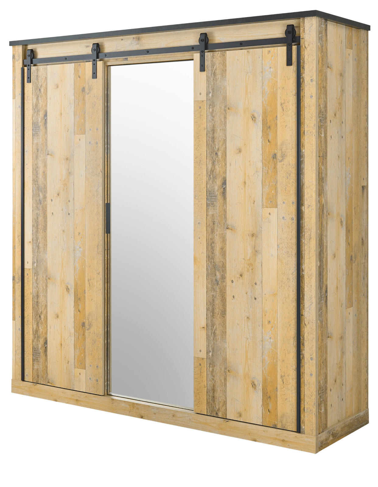KLEIDERSCHRANK Used Wood hell, dunkles Grau 201 x 209 cm, Schiebetürenschrank 3-türig mit Spiegel - Dunkelgrau/Schwarz, Glas/Holzwerkstoff (201/209/63cm) - Furn.Design