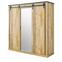 KLEIDERSCHRANK Used Wood hell, dunkles Grau 201 x 209 cm, Schiebetürenschrank 3-türig mit Spiegel - Dunkelgrau/Schwarz, Glas/Holzwerkstoff (201/209/63cm) - Furn.Design