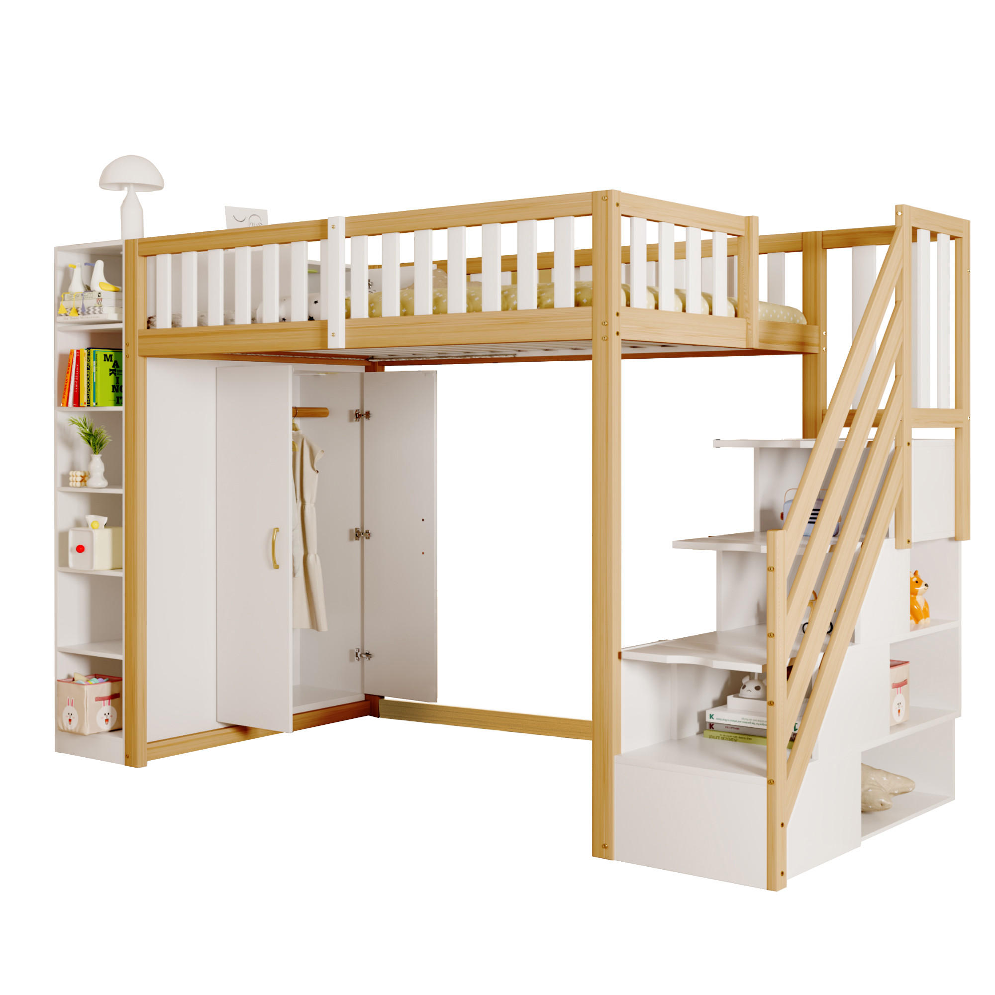 STILVORA HOCHBETT 90/200 cm in Weiß & Natur mit Kleiderschrank, Regalen und Schubladen Kinderbett