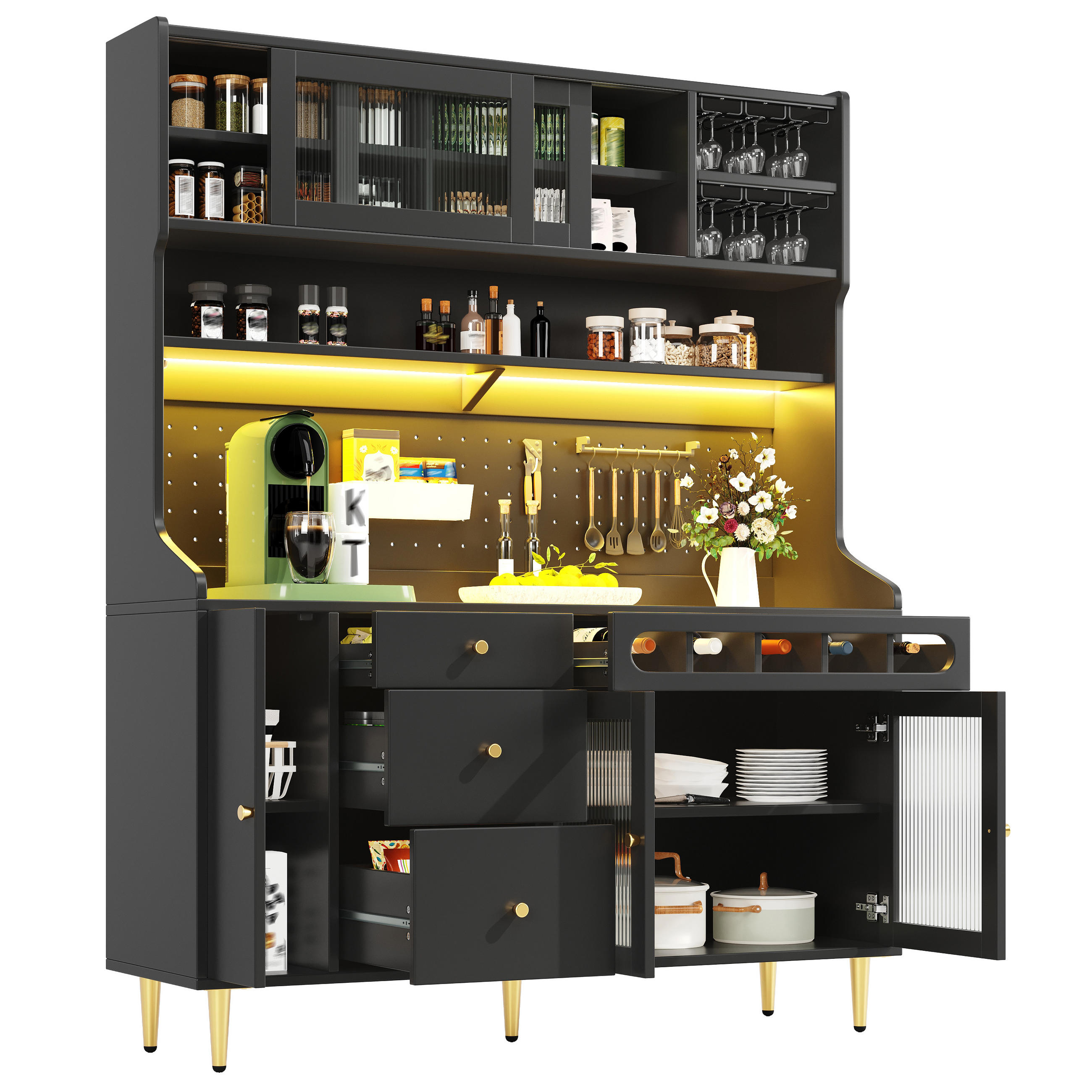 BUFFET mit LED-Beleuchtung, Weinregal und verstellbaren Böden - Goldfarben/Schwarz, Glas/Holzwerkstoff (145/171/39cm) - EVRYAE