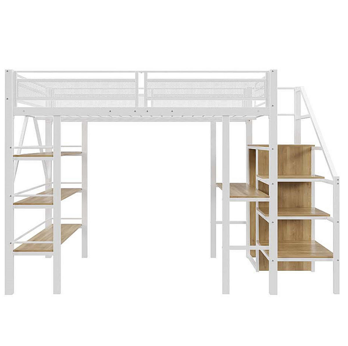 HOCHBETT aus Metall 140x200 cm Weiß mit Schreibtisch, Kleiderschrank, Regaltreppe und hohem Sicherheitsgeländer - Weiß, Metall (90/200cm) - Modfu