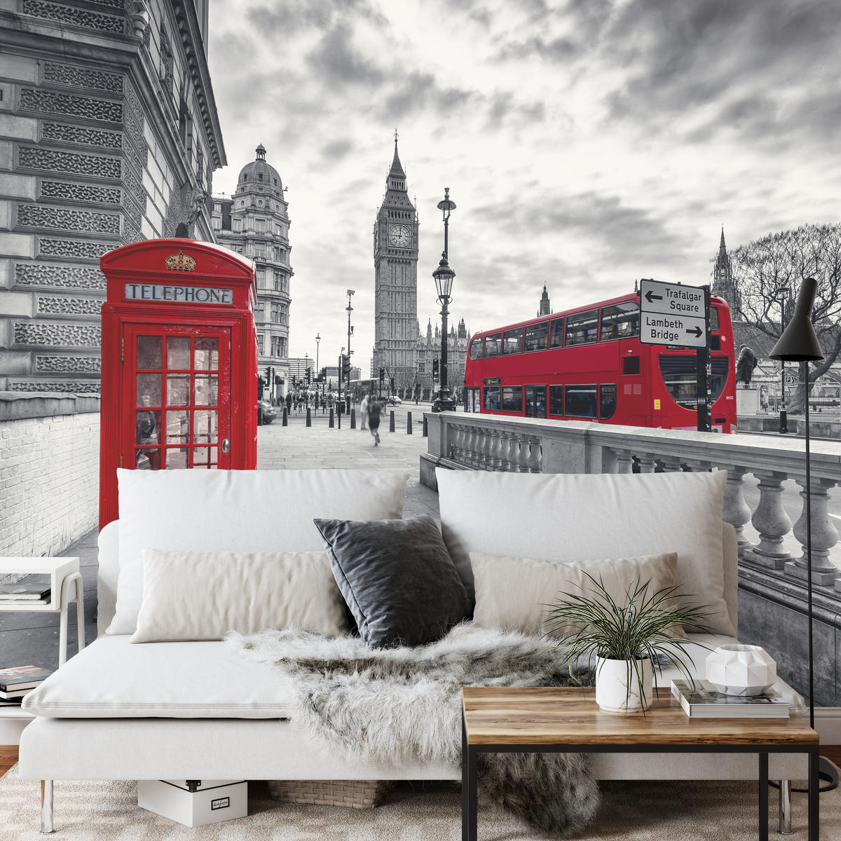 FOTOTAPETE für Wohnzimmer Rote Telefonzelle London Monument BIG BEN Bus 250x175 - Rot/Weiß, Papier (250/175cm) - Muralo