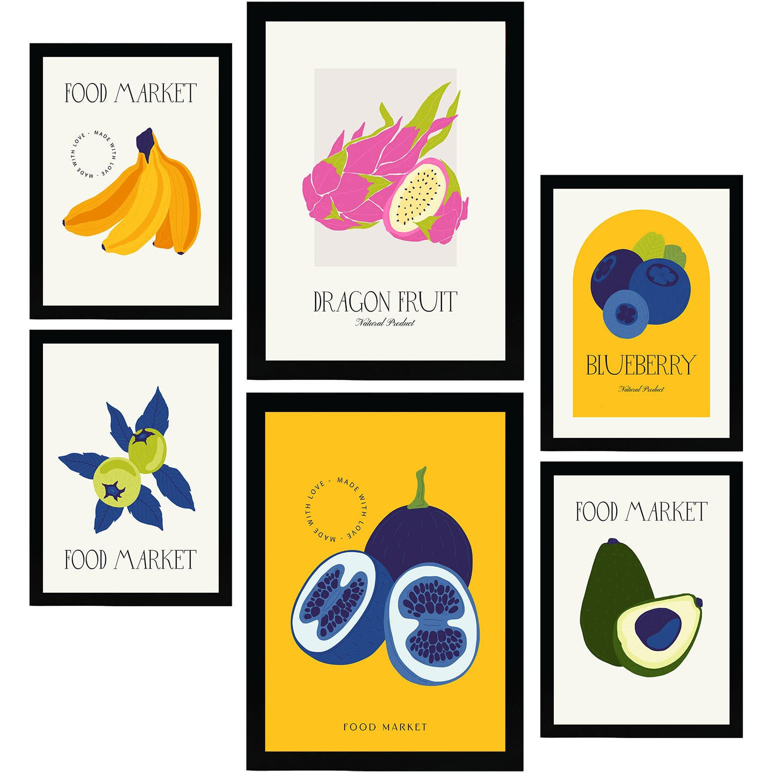 POSTER Set Mit 6 Lebensmittel Und Ernährungs Beeren Natur Und Botanikdrucke Für Innenarchitektur A3 & A4 Schwarzer Rahmen - Schwarz, Papier (29/3cm) - Nacnic