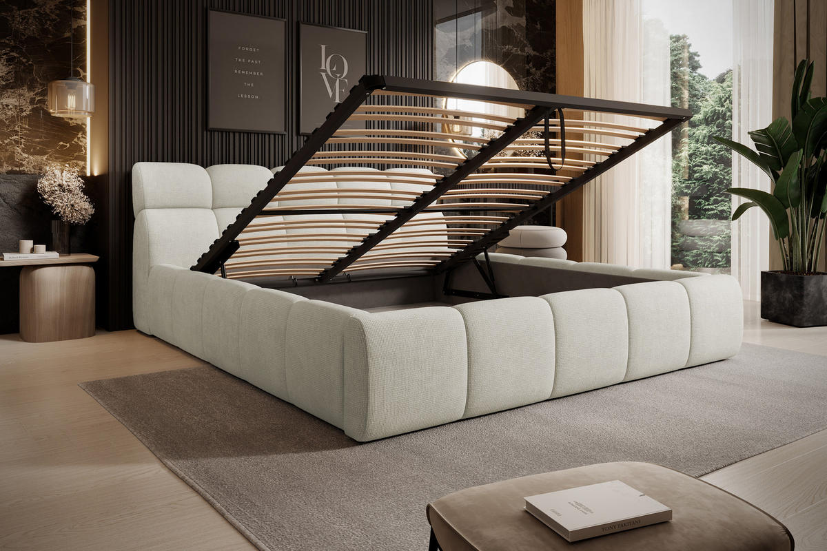 POLSTERBETT GIULIA, komfortabel, mit Bettkasten, verstellbarem Kopfteil und LED, 180x200x96 cm, Farbe Creme - Creme/Schwarz, Holzwerkstoff/Kunststoff (180/200cm) - DomoHome