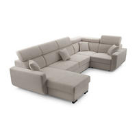 WOHNLANDSCHAFT CASTELLO Beige Plüsch-Stoff mit Schlaffunktion - Beige, Holz (337/97/184cm) - MASSENO