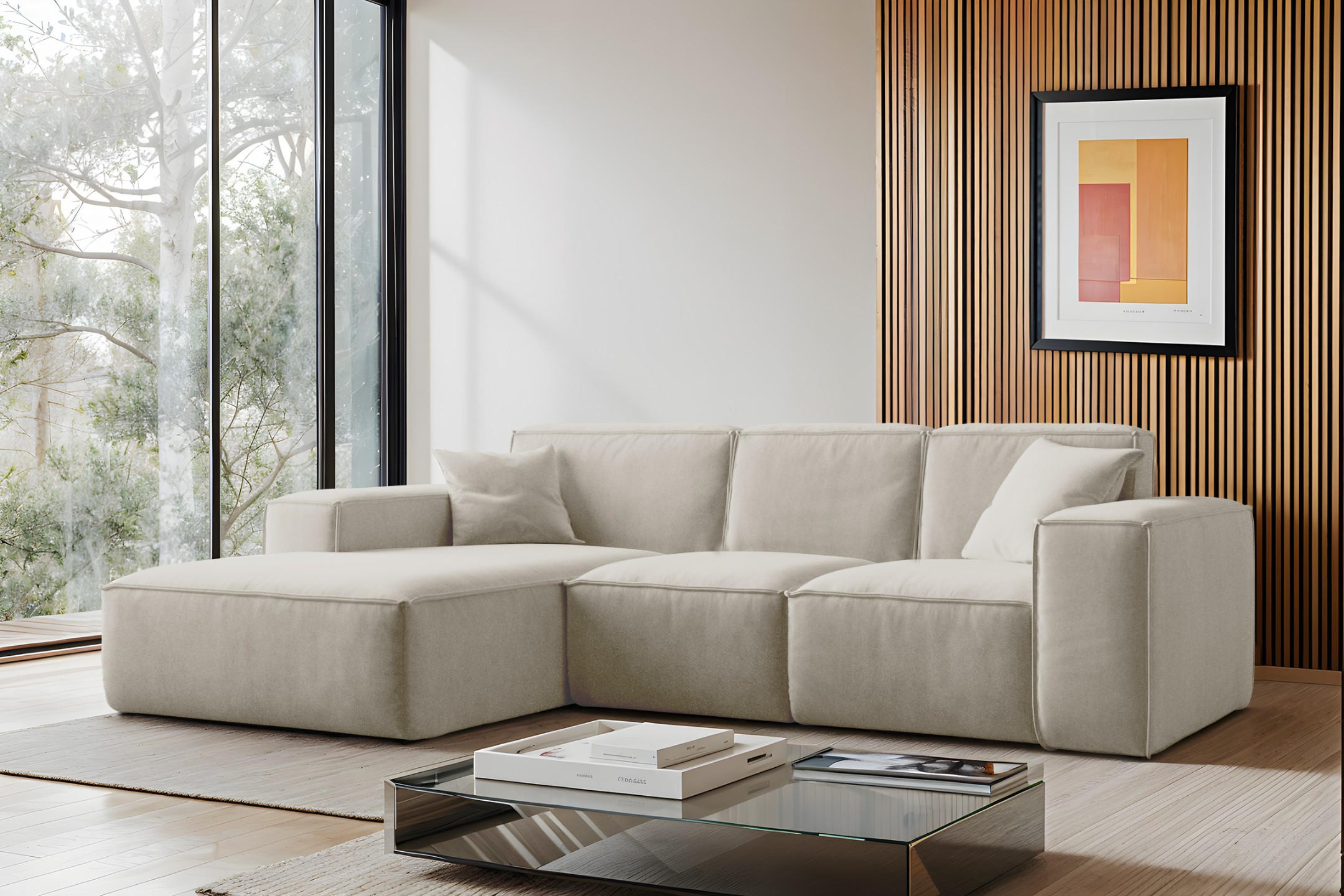 ECKSOFA, Sofa L form, Couch L form Siena L stoff Salvador Ecru Links - Ecru, Holz (165/266cm) - Kaiser Möbel