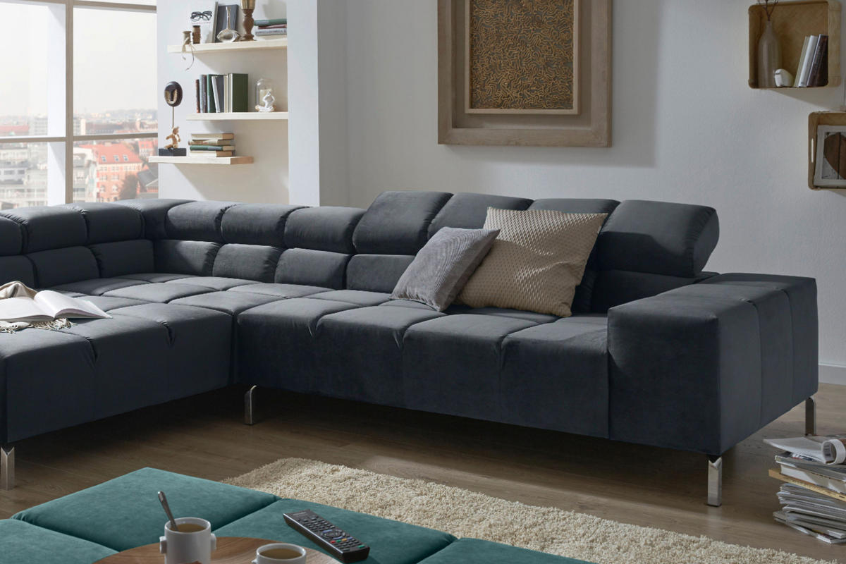 ECKSOFA MIT MOTORISCHEM SITZVORZUG NELSON Schwarz Velvet Relaxfunktion - Silberfarben/Schwarz, Textil (321/216cm) - KAWOLA