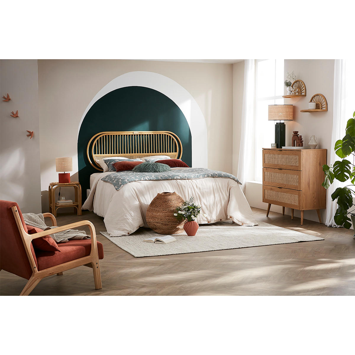 KOMMODE Helles Holz Rattangeflecht Schwarzes Metall 3 Schubladen L100 cm MANILLE - Eiche Bianco, Holz (42/101/100cm) - Miliboo