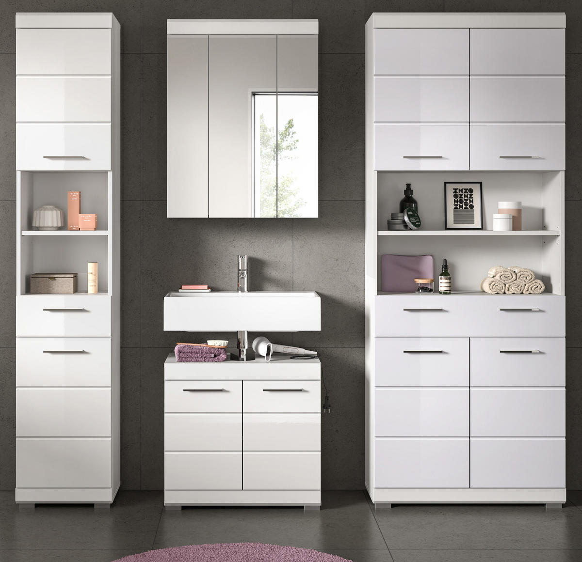 BADMÖBEL-SET weiß Hochglanz 4-teilig 200 cm, Komplettset mit viel Stauraum - Weiß Hochglanz, Glas/Holzwerkstoff (200/191/34cm) - Inn.Furn