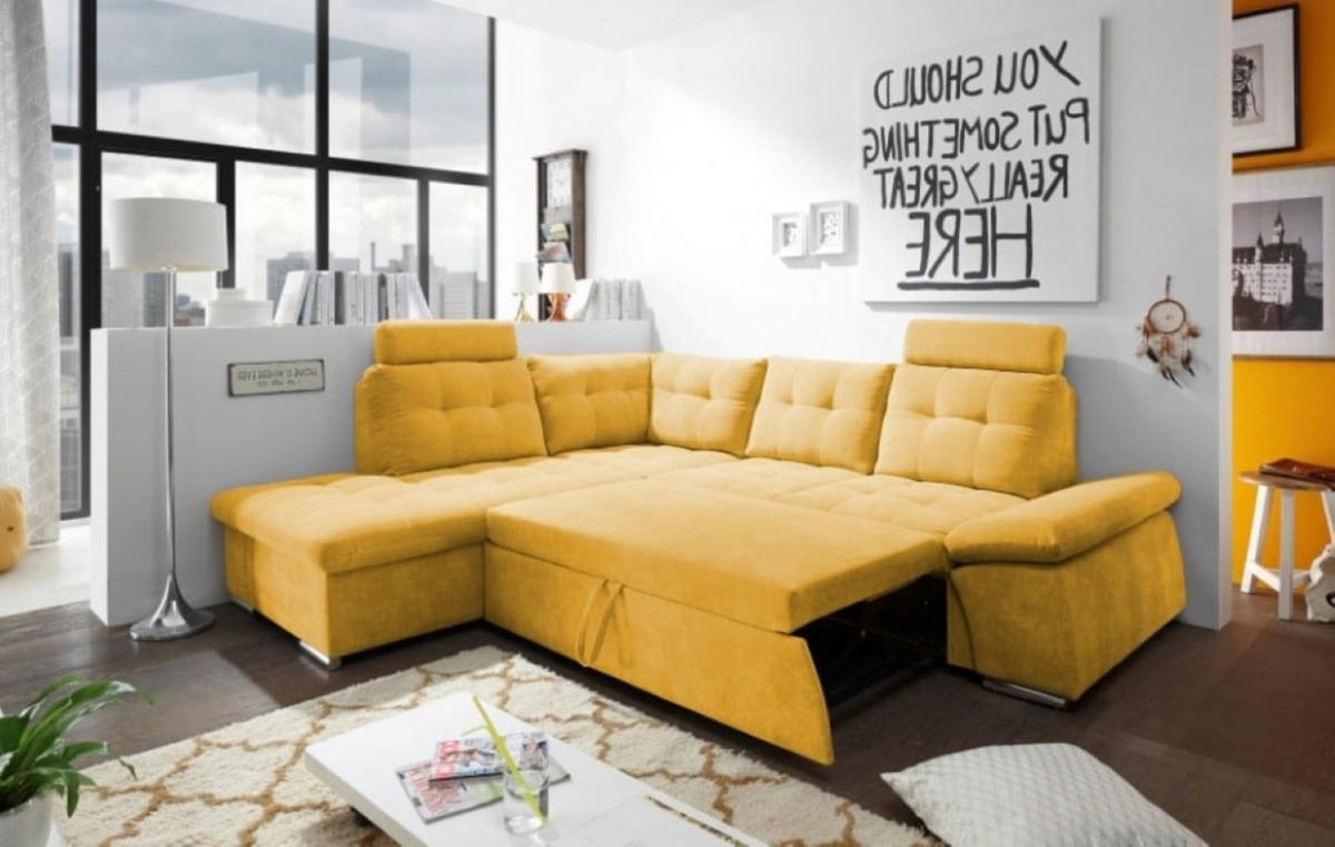 ECKSOFA mit Schlaffunktion, Bettkasten und verstellbarer Armlehne - Chromfarben/Gelb, Textil (260/219cm) - ed exciting design