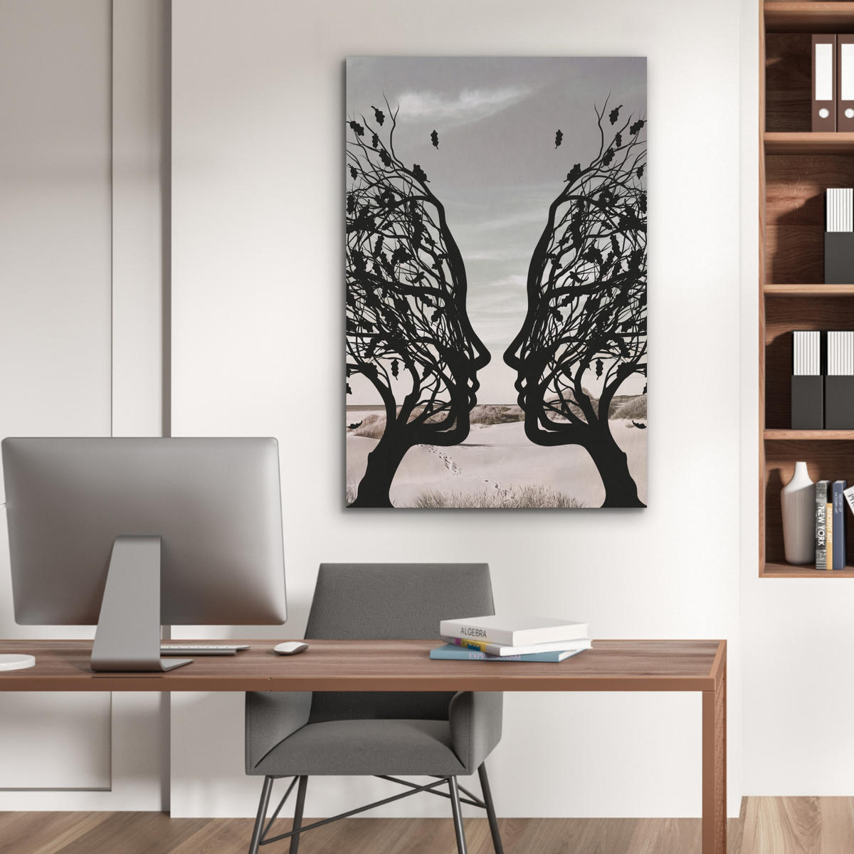 AKUSTIKPANEEL Strand - Meer - Menschen - Baum - Moderne Kunst 70x100 cm - Hellgrau, Textil (70/0.9/100cm) - MuchoWow