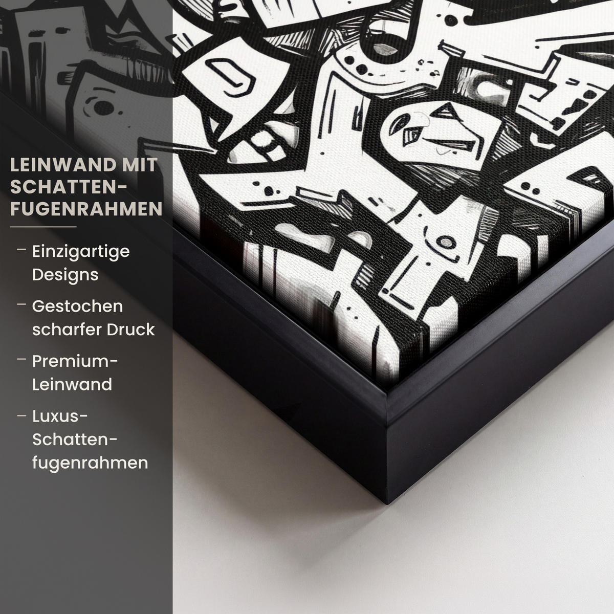 LEINWAND Bilder mit Rahmen - Formen - Buchstaben - Graffiti - Schwarz - 30x20 - Schwarz, Textil (30/20cm) - MuchoWow