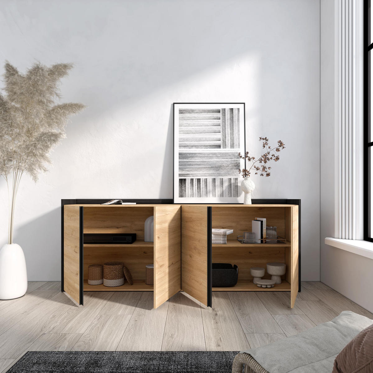 SIDEBOARD, 4 Türen, Eiche und Schwarz, 207/35/80cm - Beige, Holzwerkstoff (207/80/35cm) - Skraut Home