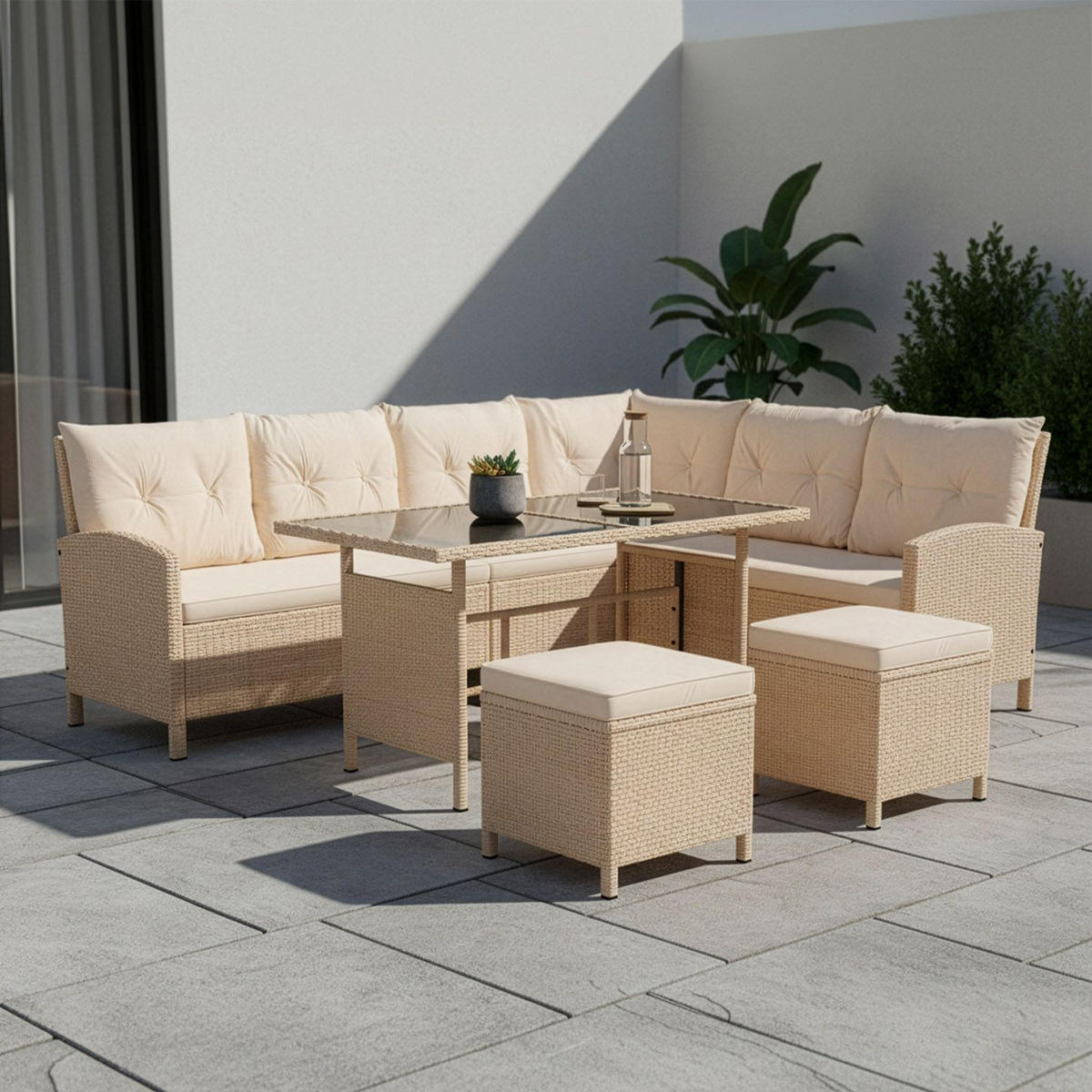 LOUNGEGARNITUR Manacor creme, sand inkl. Abdeckung - Beige, Kunststoff/Metall - Juskys