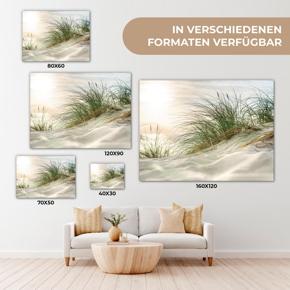 LEINWANDBILD Dünen mit Strandhafer in der Sonne des Nationalparks Schleswig-Holsteinisches Wattenmeer Wandbilder 80x60 cm - Creme, Textil (80/60cm) - MuchoWow