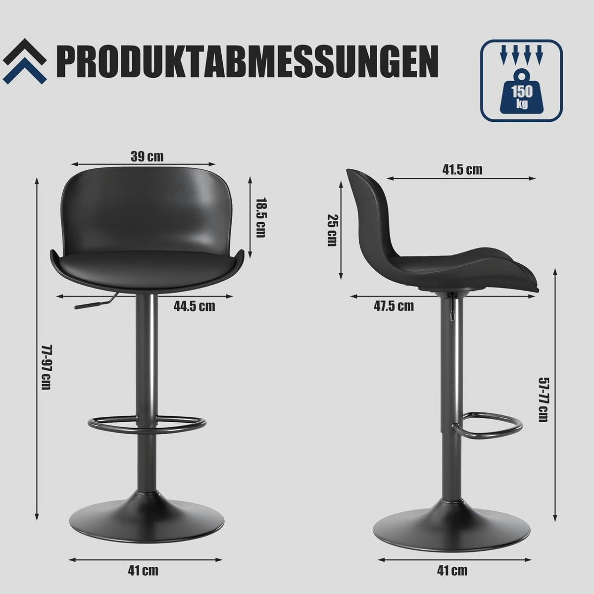 BARHOCKER 2er Set höhenverstellbar, mit Rückenlehne aus PU-Leder in Schwarz - Schwarz, Kunststoff (48/97/45cm)