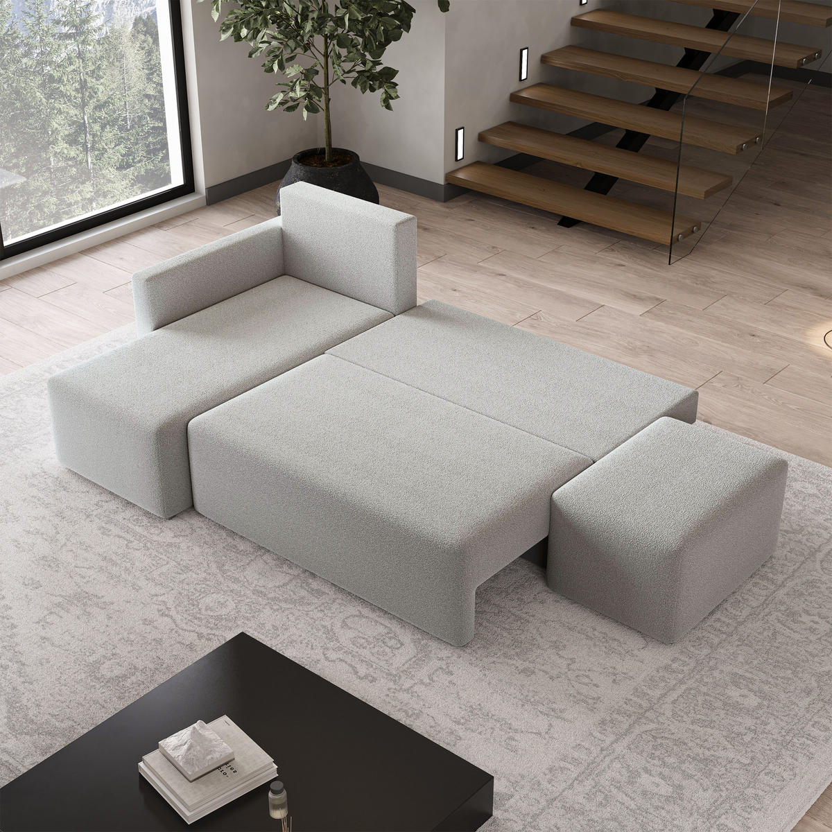 ECKSOFA VELOTTI L-S Hellgrau Boucle-Stoff mit Schlaffunktion - Hellgrau, Holz (261/143cm) - MASSENO