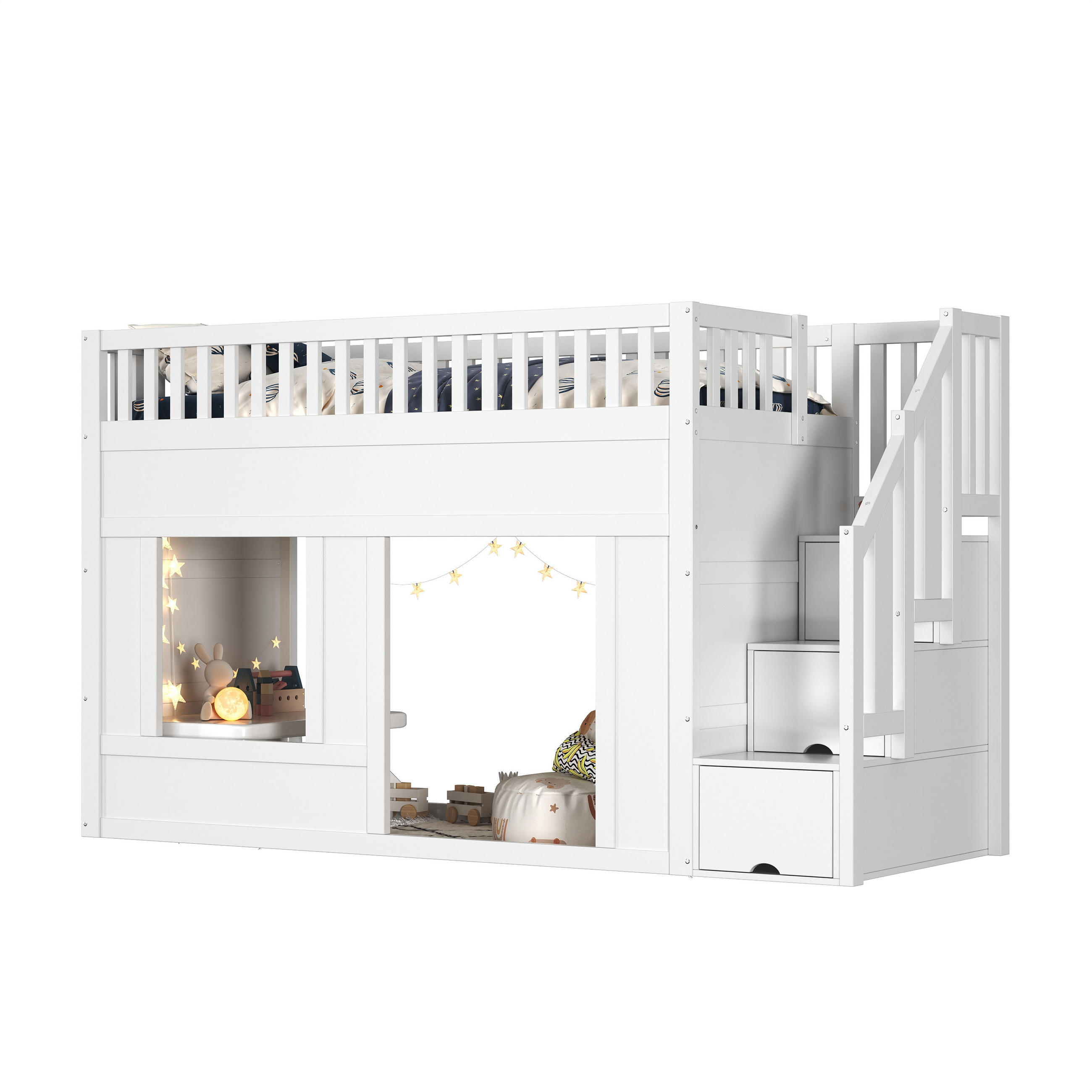 STILVORA HOCHBETT 90/200 cm in Weiß Kinderbett mit Treppenschrank und Stauraum