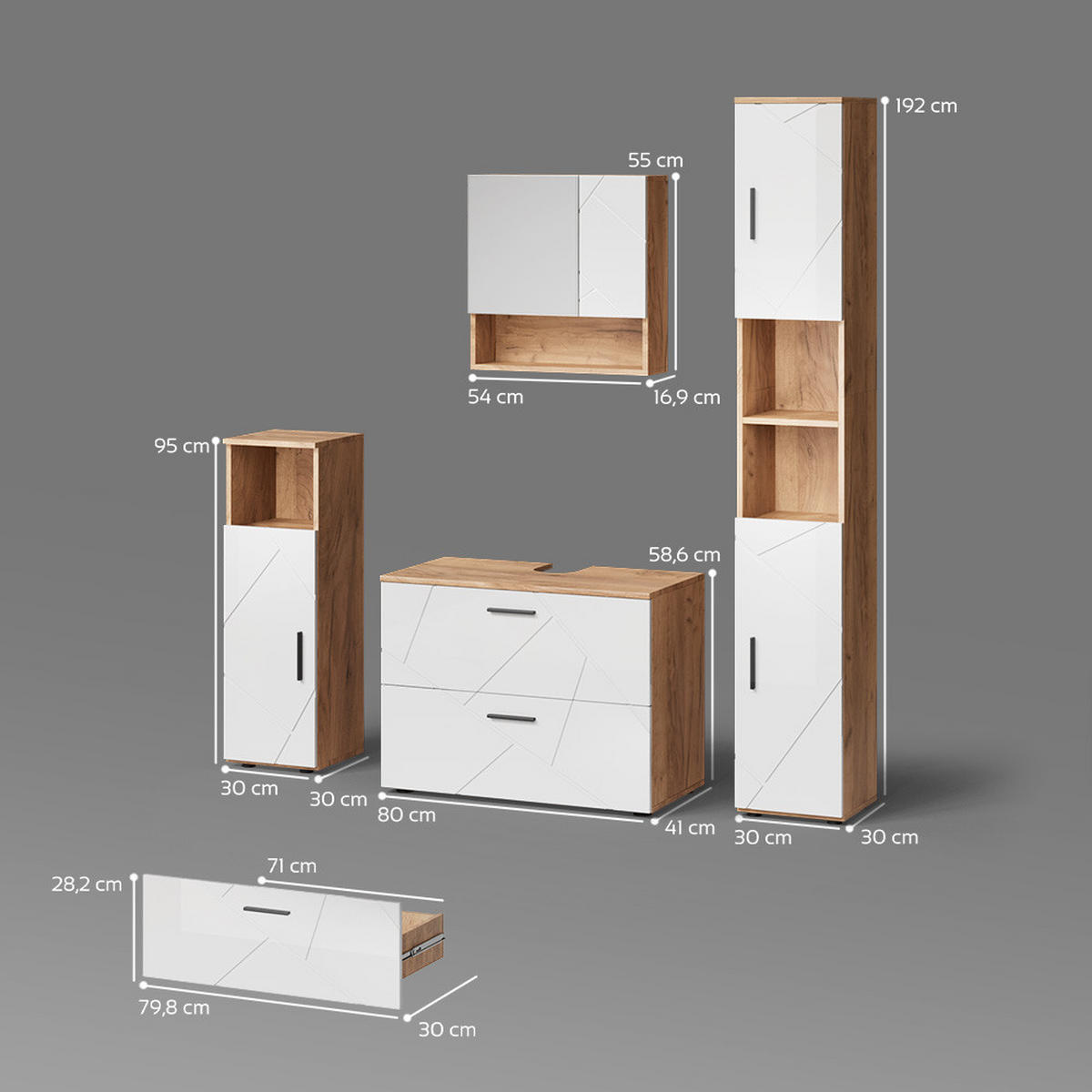 BADMÖBEL-SET Ronco Weiß Hochglanz/Goldkraft Eiche 4 Teile, mit Schubladenschrank und Hochschrank - Weiß Hochglanz/Eiche Wotan, Holzwerkstoff (80/58/41cm) - Livinity®
