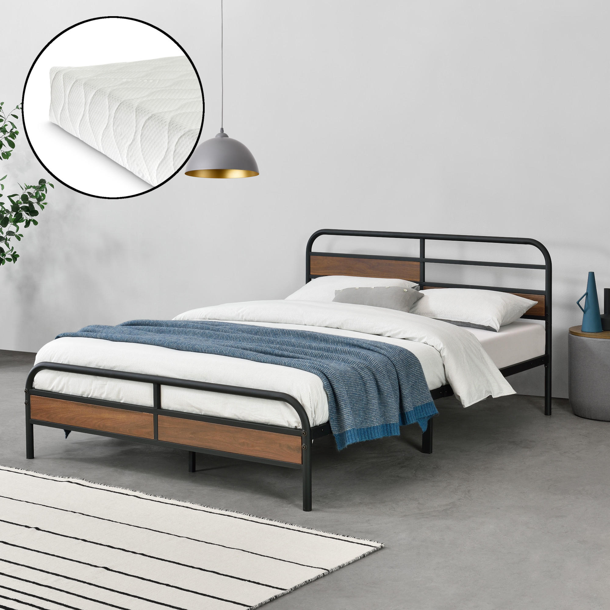 METALLBETT Aarau mit Matratze - Walnussfarben/Schwarz, Textil/Metall (140/200cm) - [en.casa]