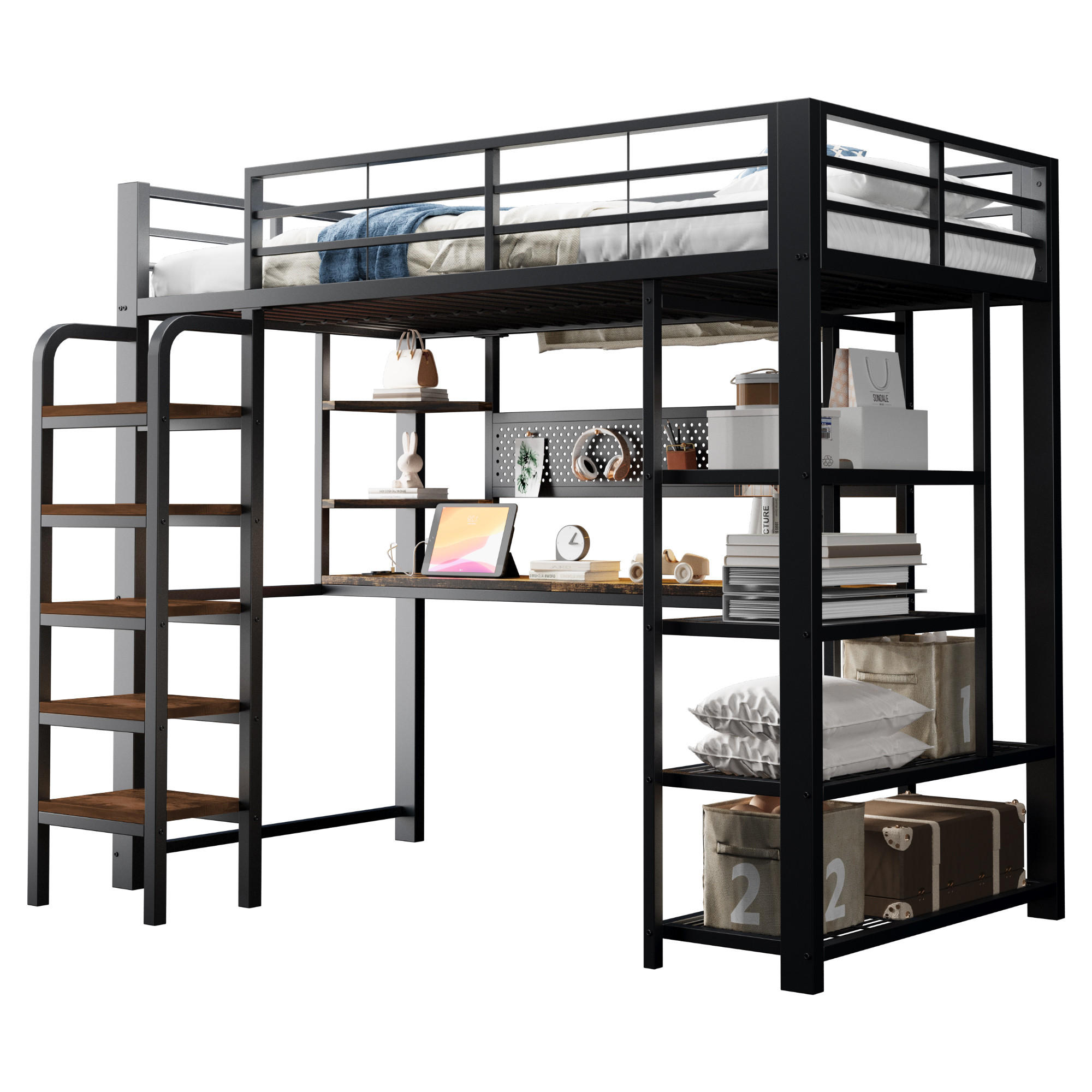 HOCHBETT 90/200 cm in Schwarz mit LED, Steckdosen und Ablage aus Metall & Holz - Schwarz, Holzwerkstoff/Metall (90/200cm) - CHICFURN