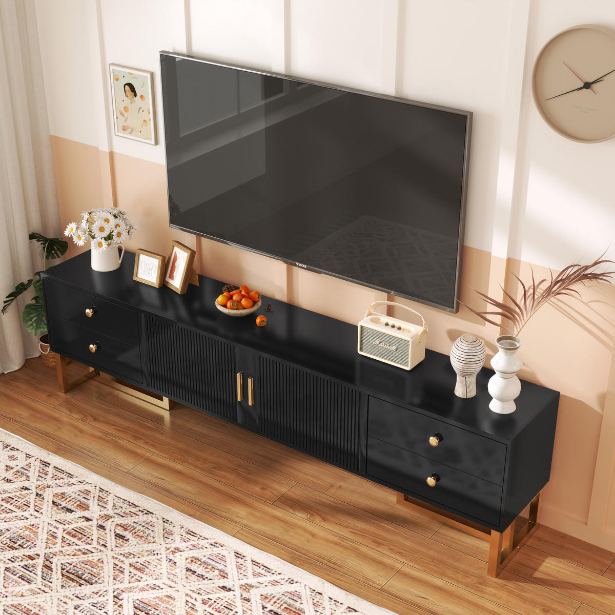TV-SCHRANK 175/30/46 cm schwarz MDF mit 4 Schubladen und goldenen Füßen - Schwarz, Holzwerkstoff (175/46/30cm) - OKWISH