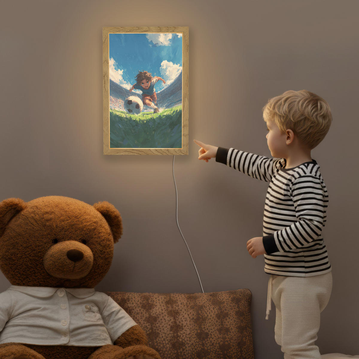 NACHTTISCHLAMPE Stadion - Fußballer - Ball 20x30 cm - Blau, Holzwerkstoff (8/20/30cm)