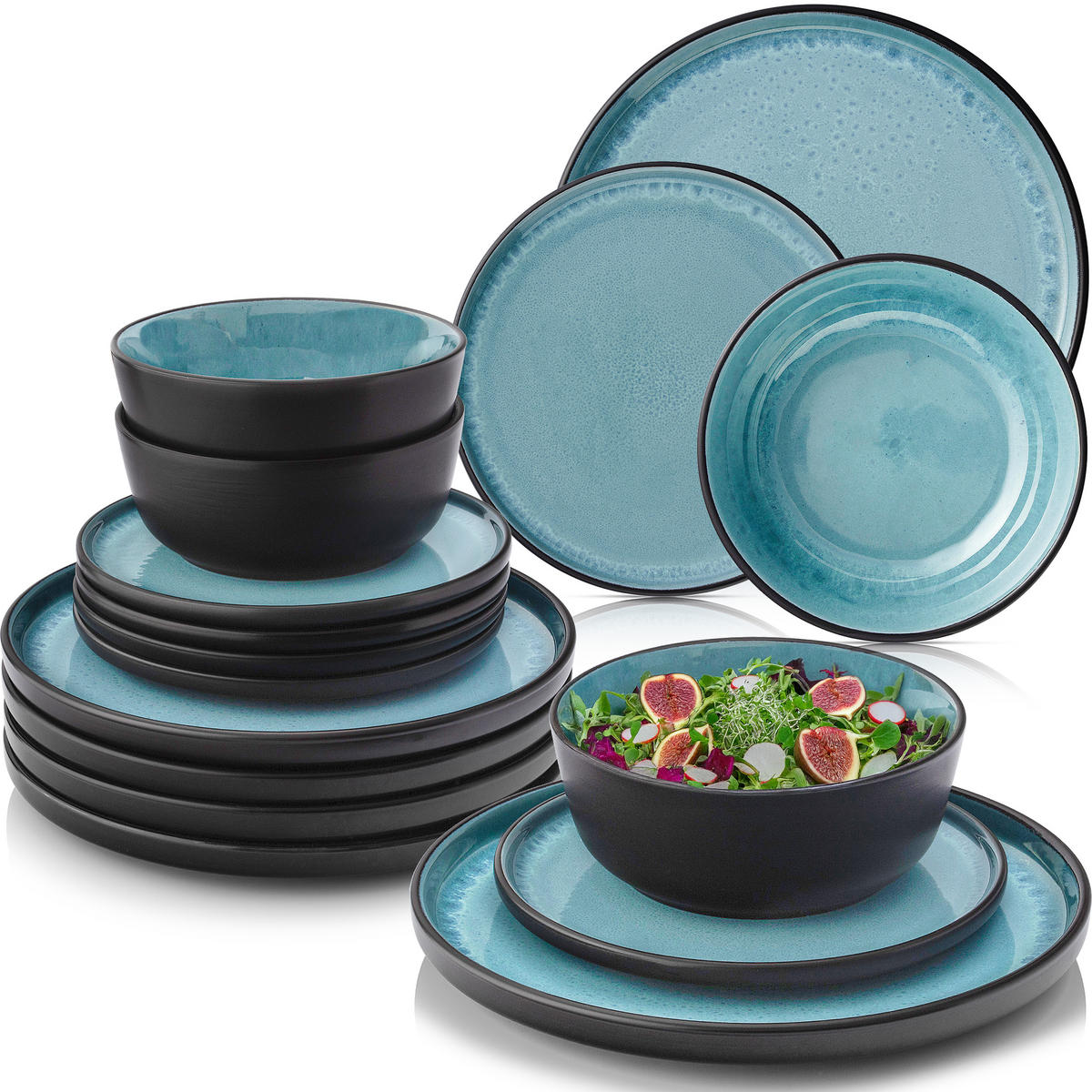 TAFELSERVICE GRANADA - 36 teilig aus Steingut 12 Personen - Blau, Stein (50/30/80cm) - Sänger
