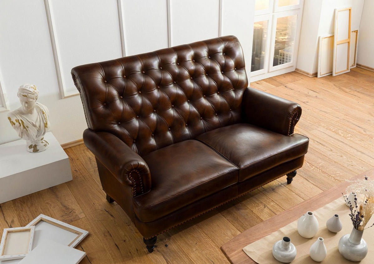 SOFA 2-Sitzer Echtleder 140x84x94 braun CHESTERFIELD #106 - Braun, Leder (140/94/84cm) - Massivmoebel24