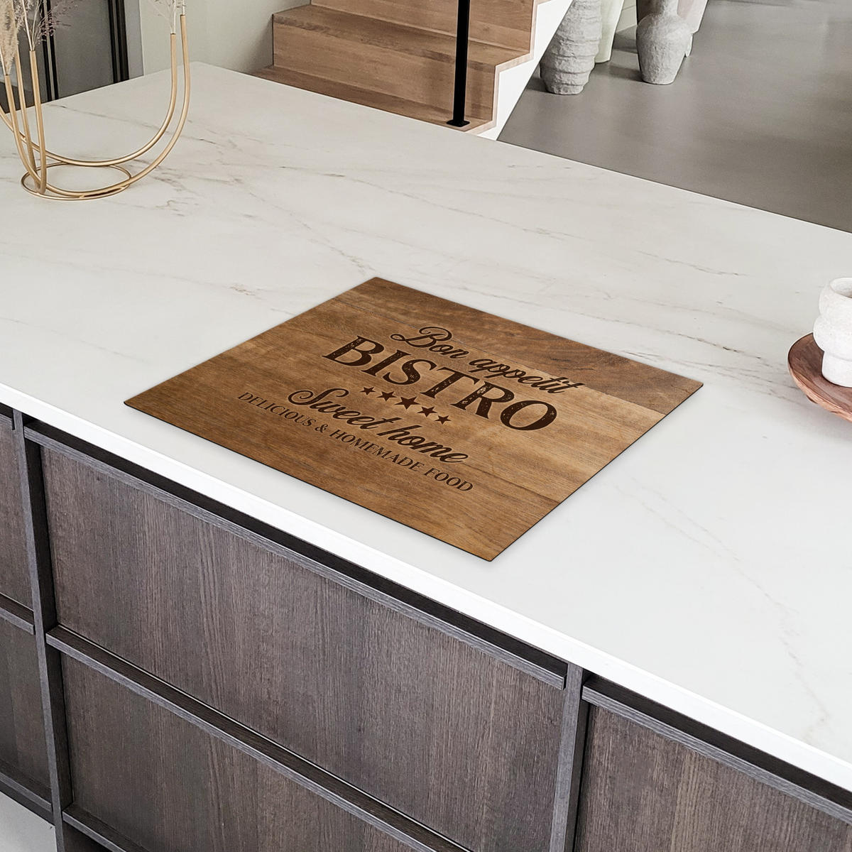 HERDABDECKPLATTE Zitat - Bistro - Guten Appetit - Süßes Zuhause - Holzmaserung Herdabdeckung Induktionsfeld 65x52 cm - Braun, Kunststoff (65/52/0.2cm) - MuchoWow