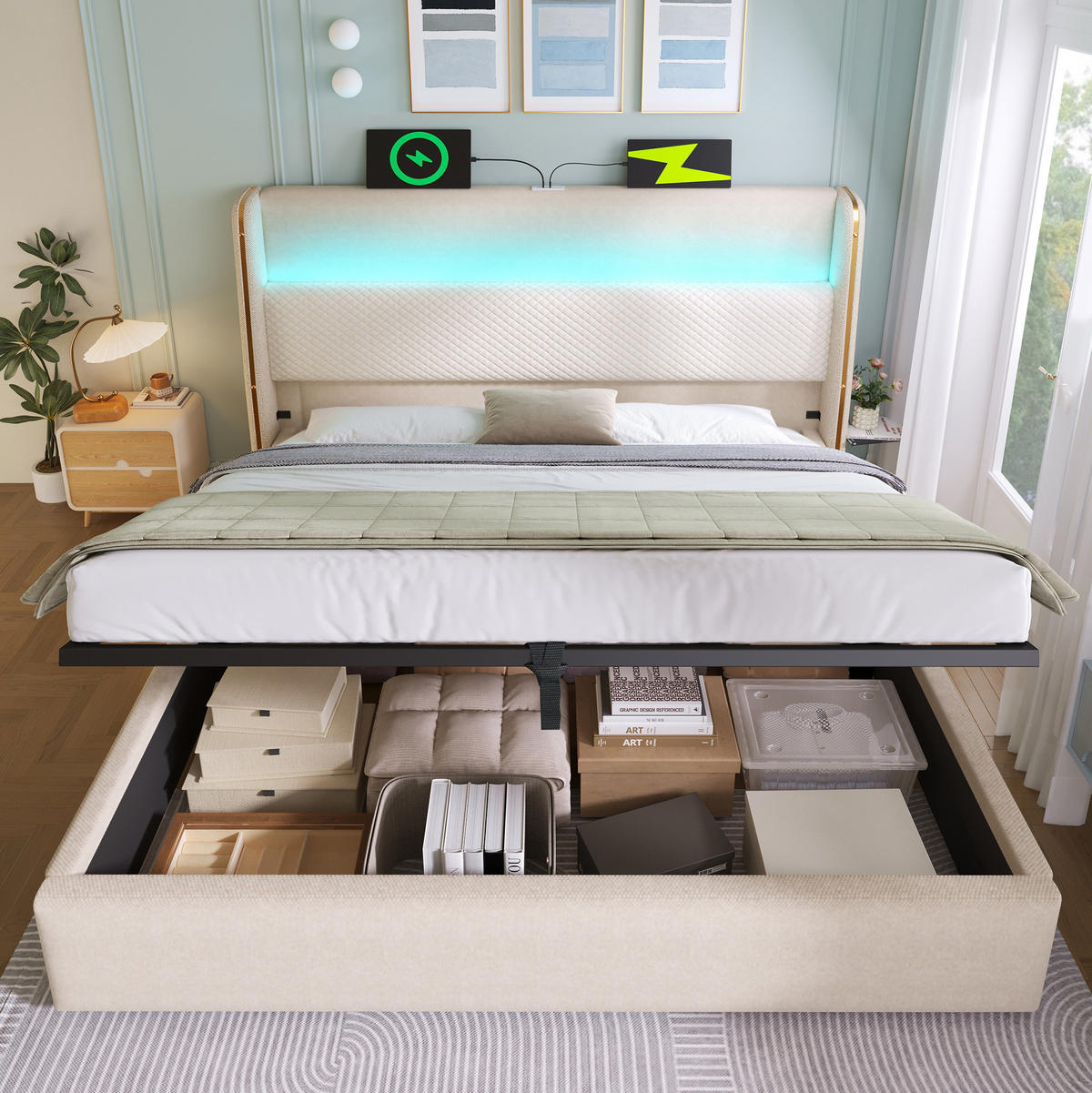 BETT mit LED, Stauraum & USB/Type-C 160x200 cm Leinen Beige inkl. Matratze - Beige, Metall (160/200cm) - Meubliv