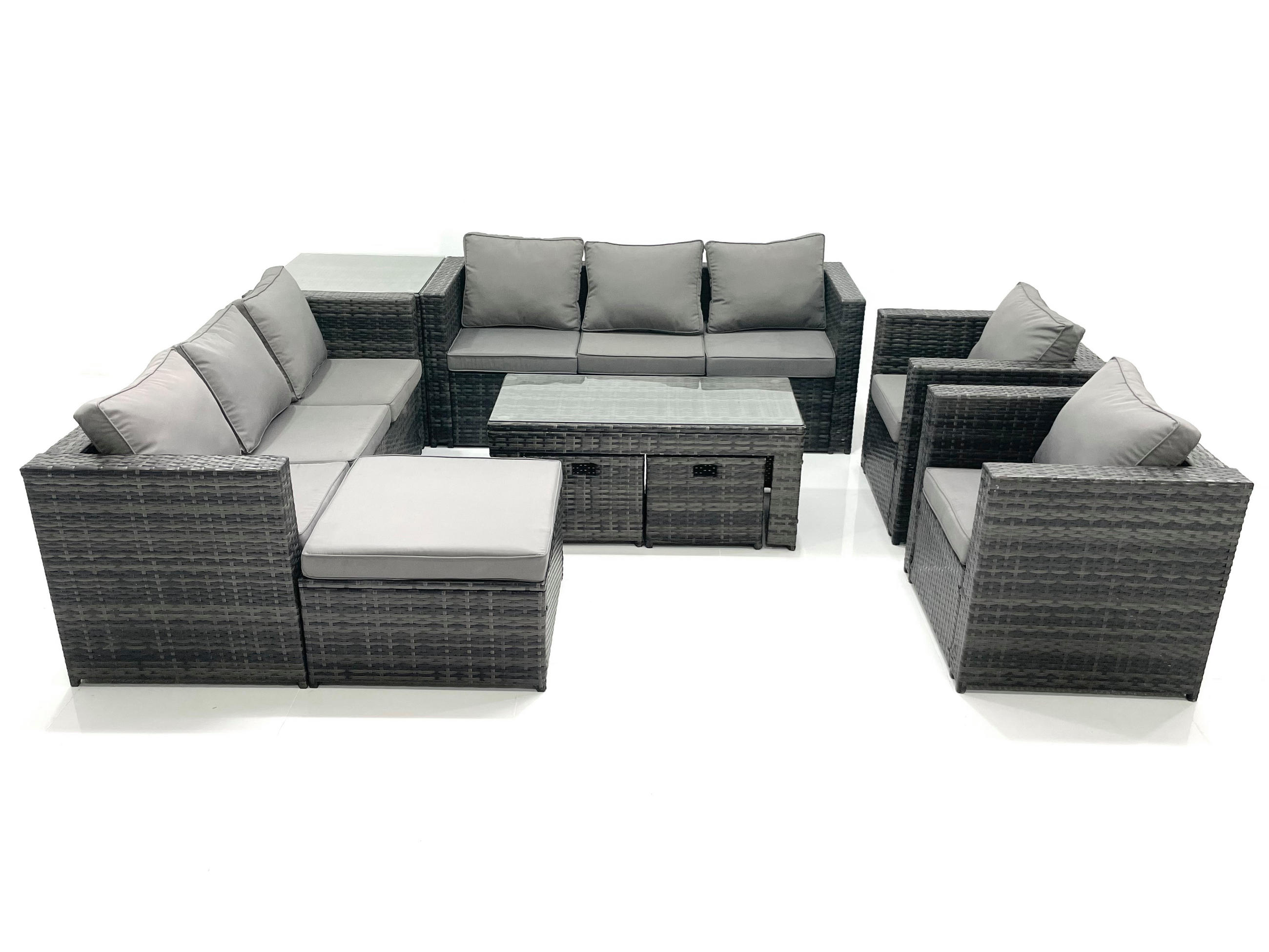 GARTENMÖBEL COUCHTISCH SET mit Sofa Polyrattan Outdoor 11-Sitzer - Dunkelgrau/Grau, Glas/Kunststoff - Fimous