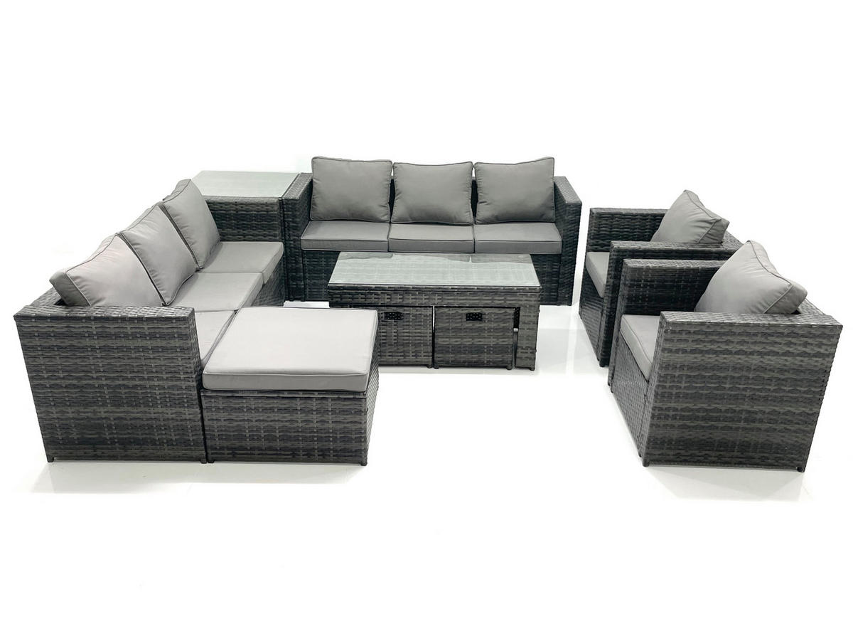 GARTENMÖBEL COUCHTISCH SET mit Sofa Polyrattan Outdoor 11-Sitzer - Dunkelgrau/Grau, Glas/Kunststoff - Fimous