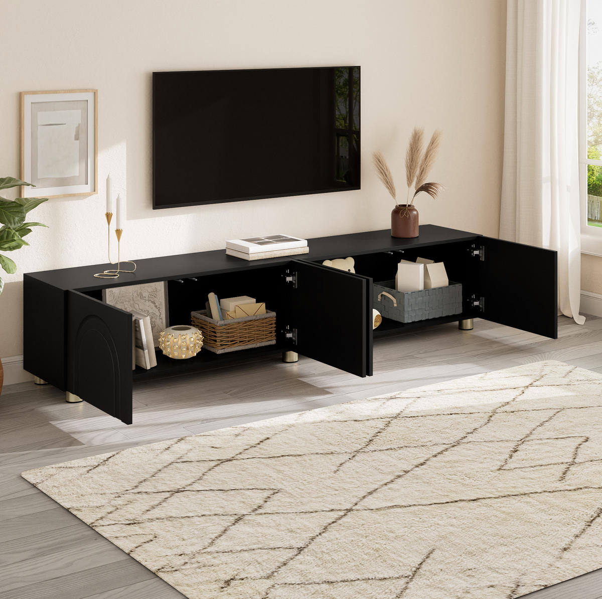 TV-SCHRANK mit 4 Türen 180 x 35 x 40 cm Schwarz mit Metallfüßen - Schwarz, Holzwerkstoff (35/40/180cm) - Beauniv