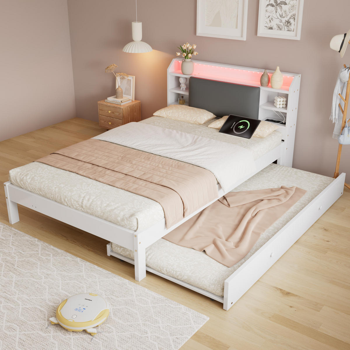 AUSZIEHBETT 120/200 cm DE-32716 mit LED und Ladestation Weiß - Weiß, Holz (120/200cm) - ComfortXL