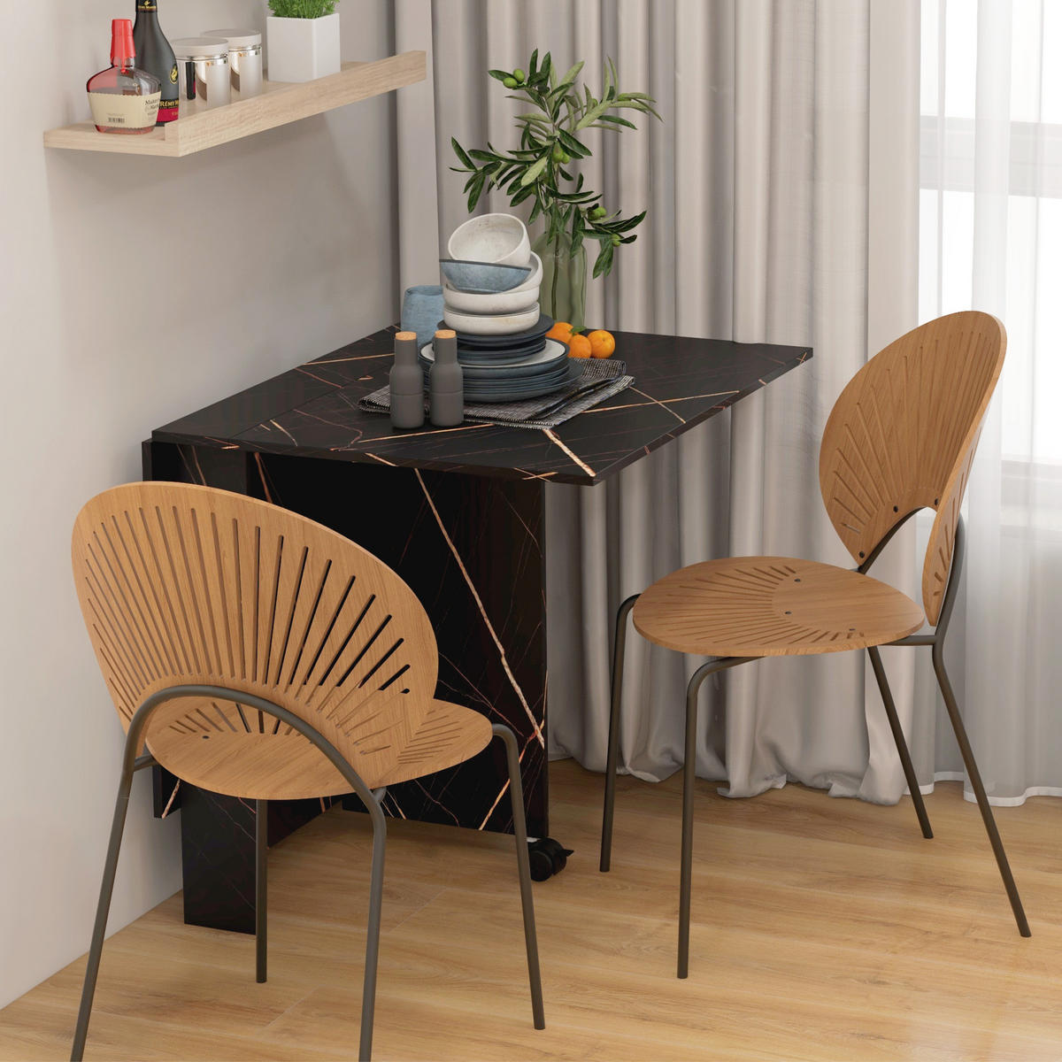 ESSTISCH Schwarz Marmoroptik klappbar mit Rollen 120/80/73 cm - Schwarz, Holz (80/120/73cm) - PANGIVO