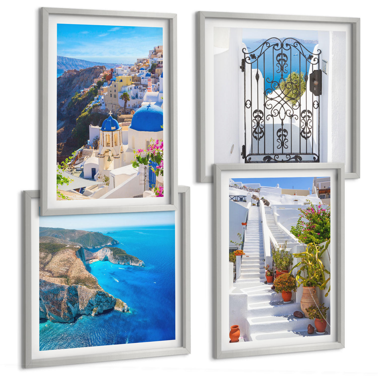 BILDER SET 4er Set - 50x50 cm & 40x60 cm Silberner Rahmen - Griechische Architektur auf Santorin, Oia - Silberfarben, Kunststoff (50/50cm) - TULUP