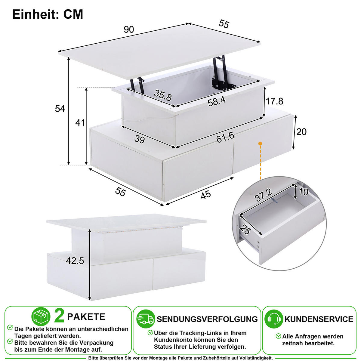 COUCHTISCH in Weiß 90/55/41 cm aus Spanplatte mit LED-Beleuchtung, 4 Schubladen und Ausziehplatte - Weiß, Holzwerkstoff (55/90/41cm) - CHICFURN