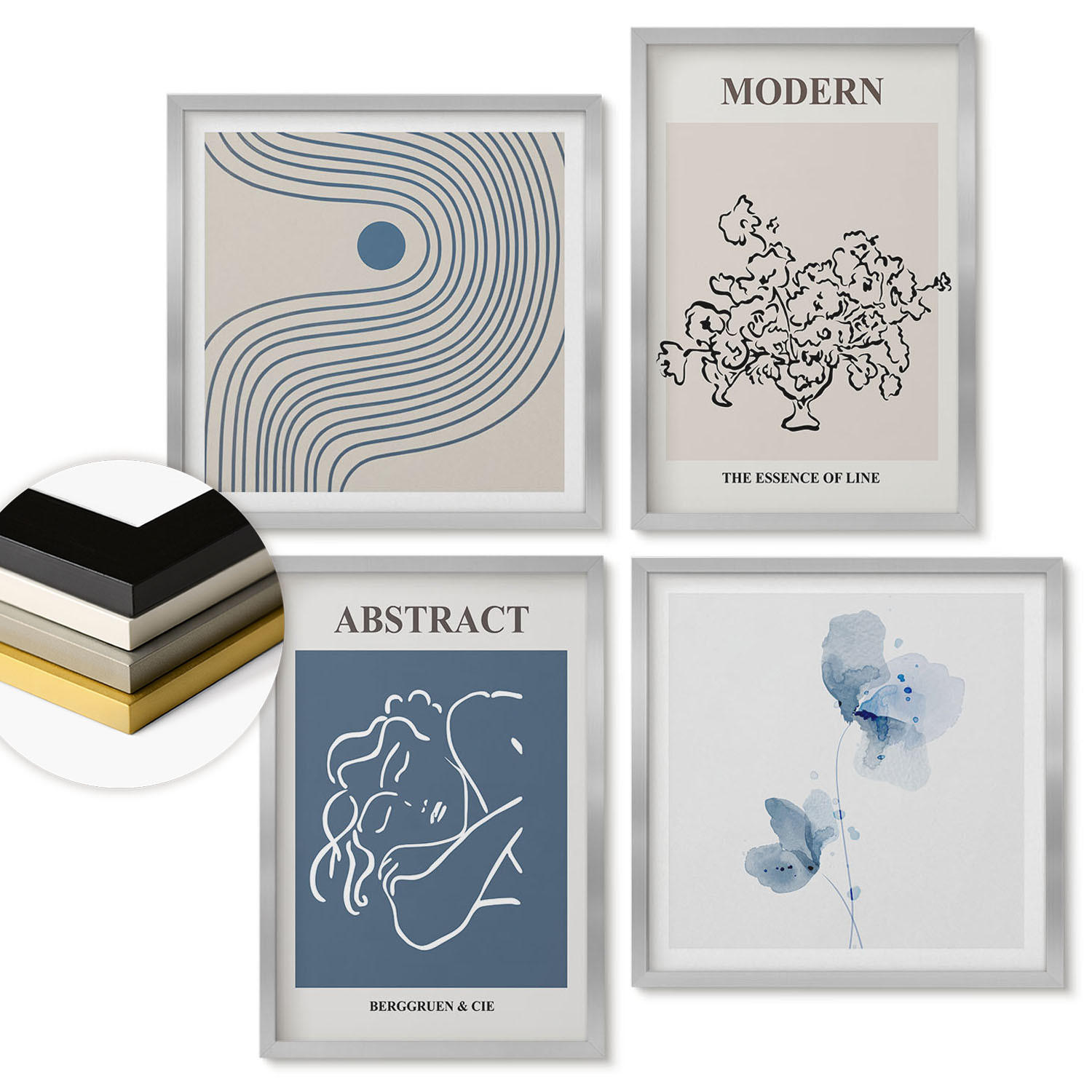 WANDBILDER 4er Set - 50x50 cm & 40x60 cm Silberner Rahmen - abstrakte Poster mit Blumenlinien - Silberfarben, Kunststoff (50/50cm) - ArtPrintCave