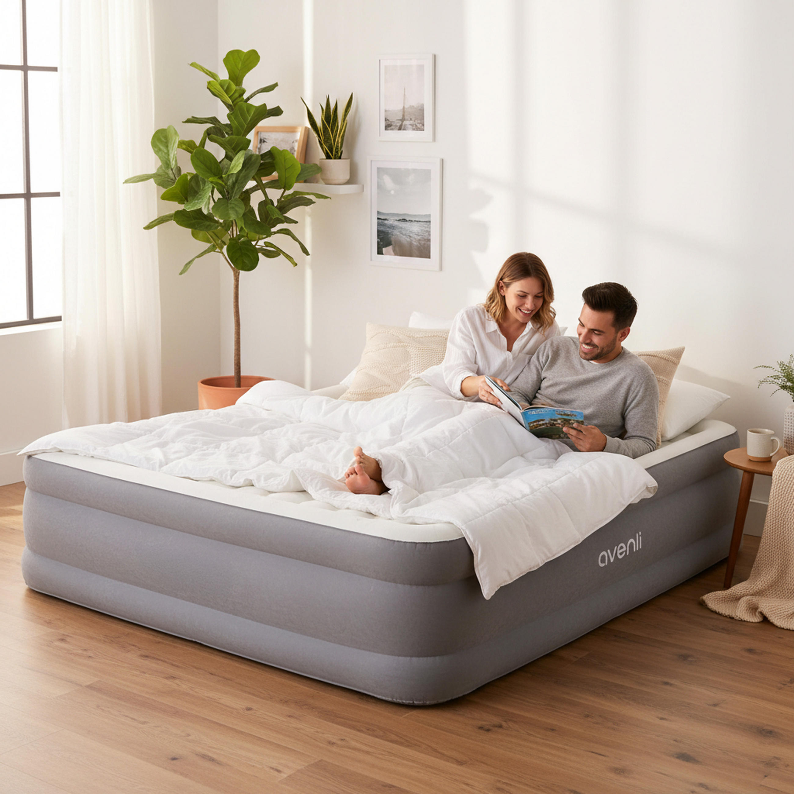 LUFTBETT Luftmatratze selbstaufblasend 203 x 152 x 46 cm mit integrierter Pumpe - Grau, Kunststoff (152/203cm) - Avenli