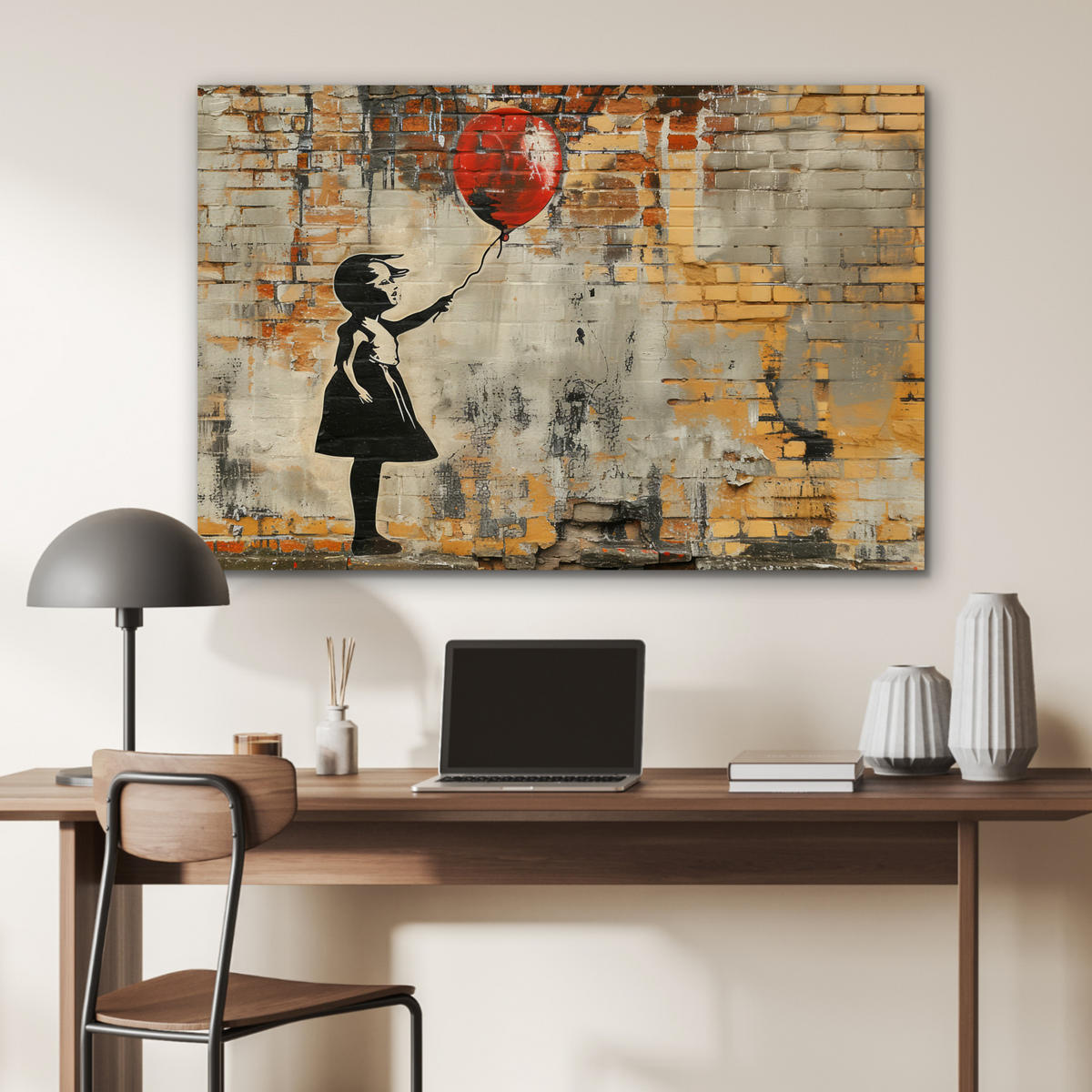 METALLBILD Graffiti - Banksy - Mädchen - Straßenkunst 90x60 cm - Sandfarben, Metall (90/60cm) - MuchoWow